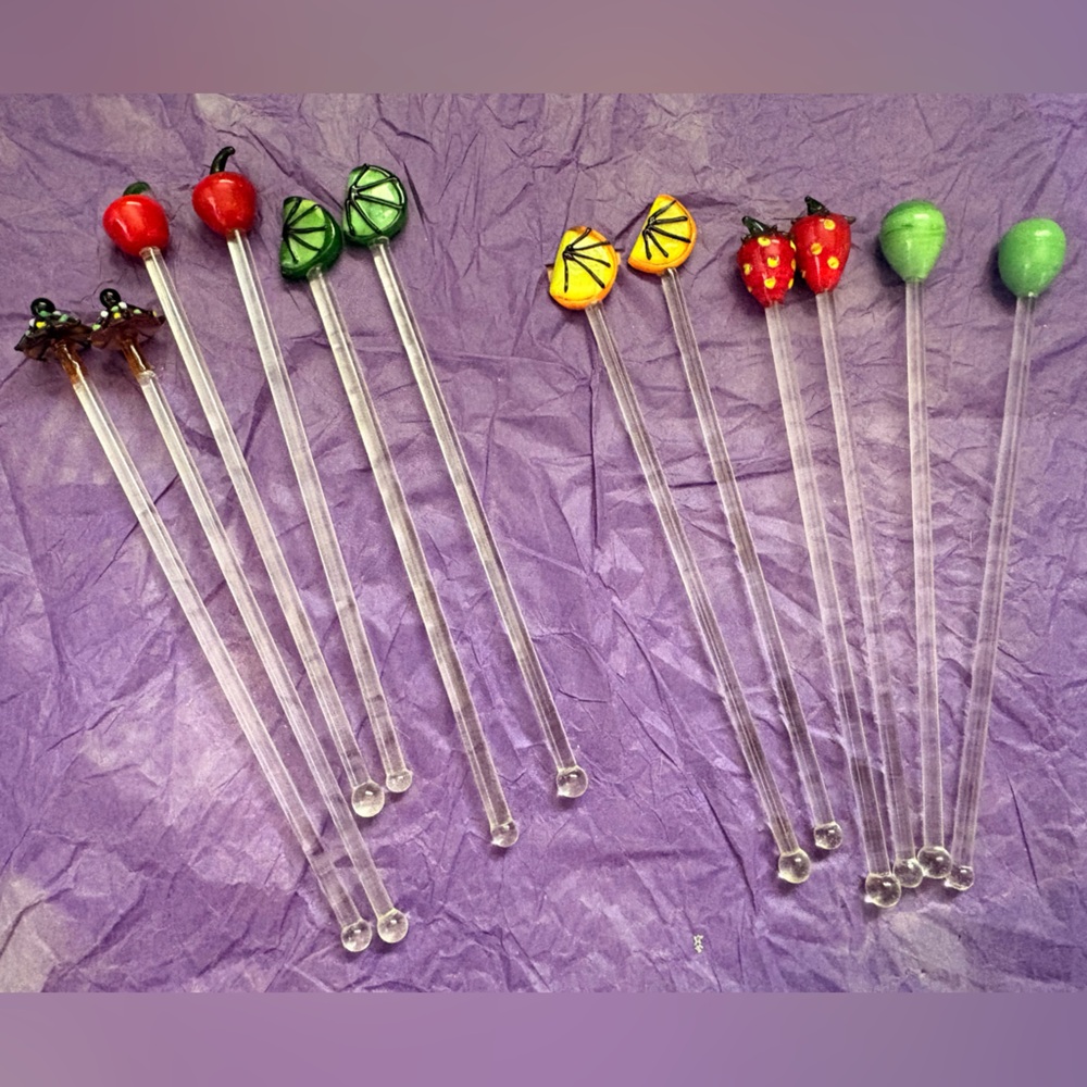 Vintage Hand Blown Glass Cocktail Stir Sticks - Party Drink Picks